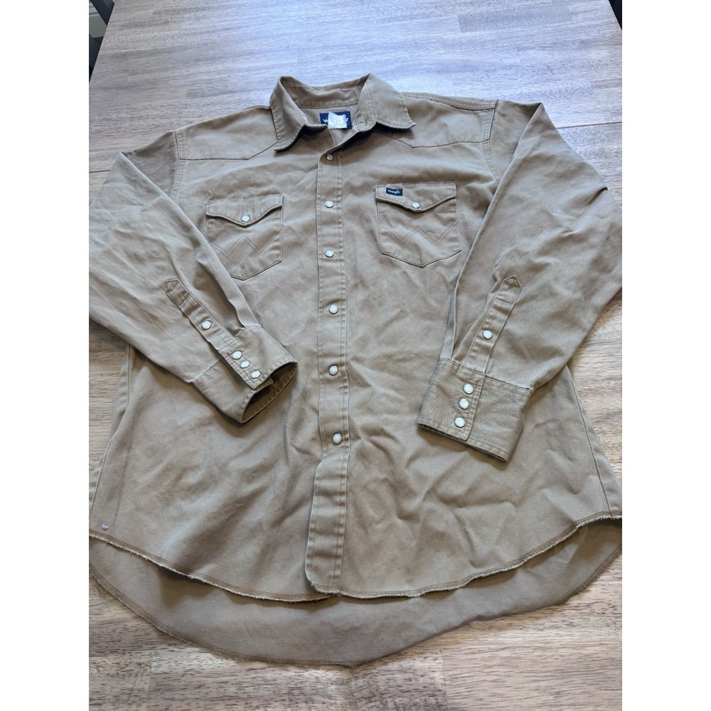 Wrangler Brush Popper Shirt Tan Mens XL Button Western Cowboy Heavy Cotton